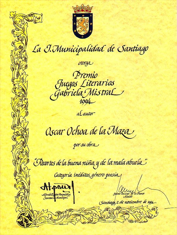 Premio Juegos Literarios GABRIELA MISTRAL 1994